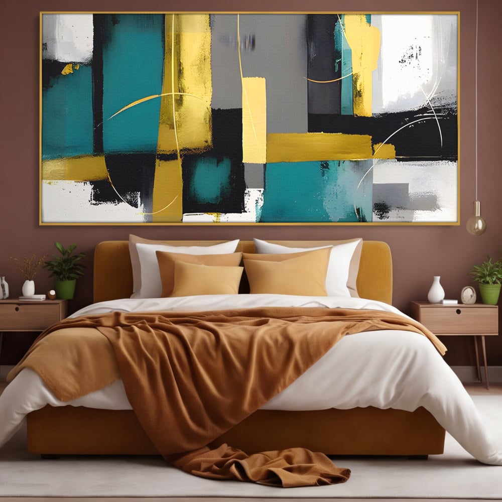 Tablou canvas cu tablou canvas cu forme geometrice abstracte, in rama de aluminiu auriu, pe perete intr-un dormitor